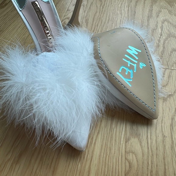 Sophia Webster White Satin Feather Mules with “Wifey for Life” on the bottom - Picture 2 of 8